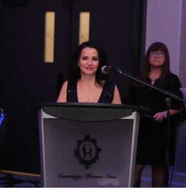 Woman talking microphone